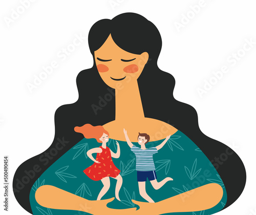 Happy Mothers Day. Vector illustration with woman and children. Design element