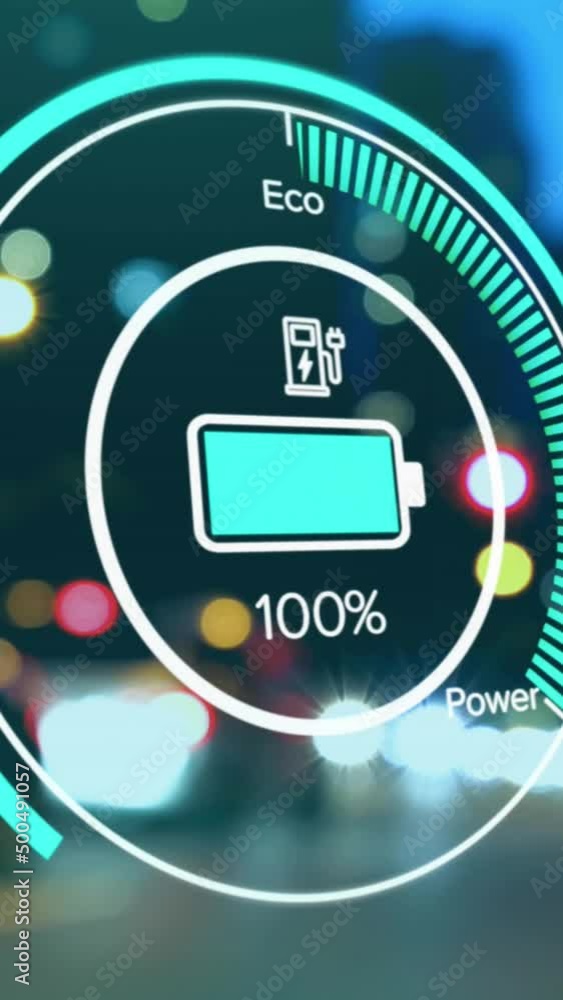 Animation of charge status data on electric vehicle interface, over sped up city traffic at night Animation of charge status data on electric vehicle interface, over sped up city traffic at night