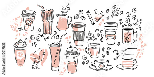 Coffee cups hand drawn vector illustration set. Various cups sketch style drawn collection with sugar, spoons, bubbles and coffee beans. Hand drawn linear graphic assets.