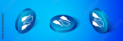 Isometric Bottles of wine icon isolated on blue background. Blue circle button. Vector