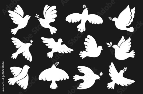 Peace symbol dove shape set. Flying bird dove with olive branch sign, peace and love pigeon icon. Freedom, humanity emblem peaceful and no war concept. Isolated silhouette simple logo design elements