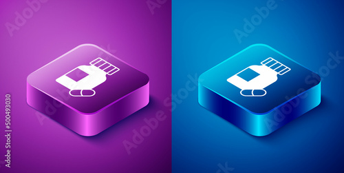 Isometric Sedative pills icon isolated on blue and purple background. Square button. Vector