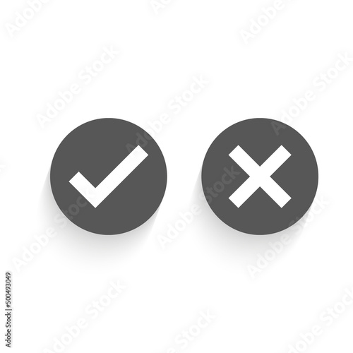 Tick and cross black signs. Gray checkmark OK and red X icons, isolated on white background. Simple marks graphic design. Circle symbols YES and NO button for vote, decision, web. Vector illustration
