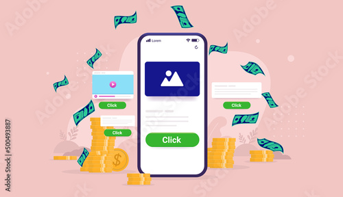Making money on affiliate marketing - Smartphone screen with website and paper bills and coins. Vector illustration photo