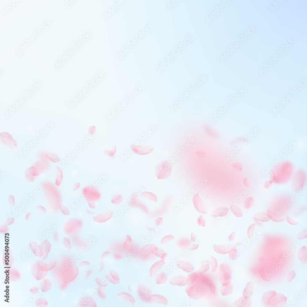 Sakura petals falling down. Romantic pink flowers gradient. Flying petals on blue sky square background. Love, romance concept. Posh wedding invitation.