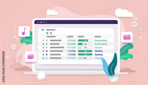Torrent downloading technology - Laptop computer screen with file downloading software in colourful vector illustration
