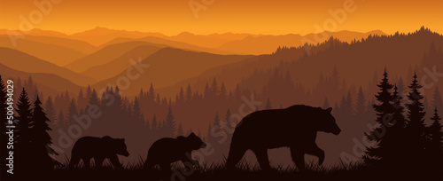 vector morning in mountains with family of bears