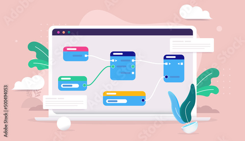 Visual scripting - Computer with node based programming and coding on screen. Vector illustration
