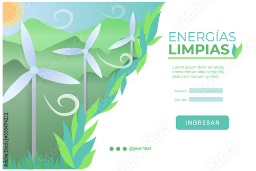 Landing page con temática de energías limpias. Energía eólica, aerogeneradores o molinos de viento. Datos de ingreso.