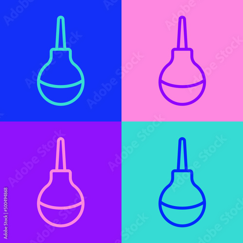 Pop art line Enema icon isolated on color background. Enema with a plastic tip. Medical pear. Vector