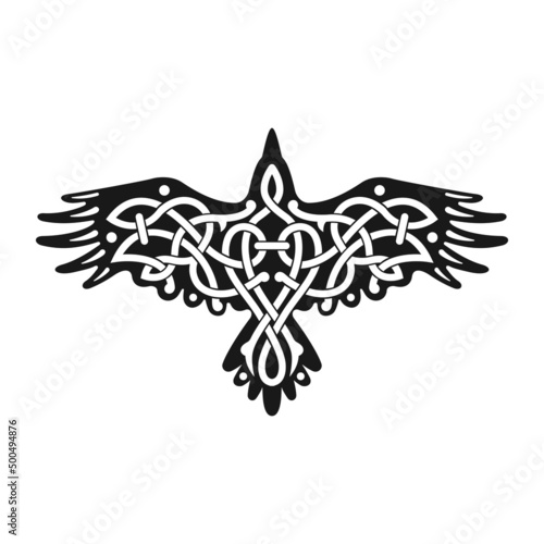 Vector illustration of a Raven with open wings. Black tribal animals tatto, wisdom symbol. Traditional ancient Viking sacred pattern. Sign of Celtics. Crow Norse soul.