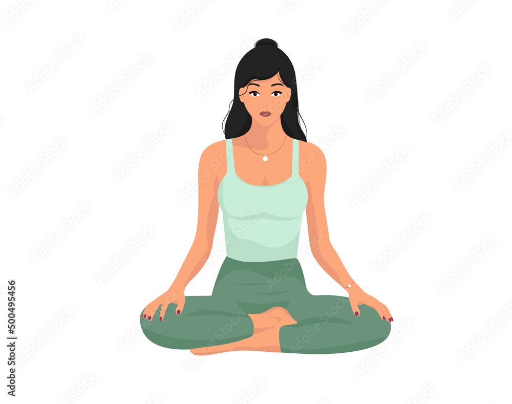 Yoga. Girl practices yoga. Girl meditating . Concept illustration for yoga, meditation, relax, healthy lifestyle. - obrazy, fototapety, plakaty 