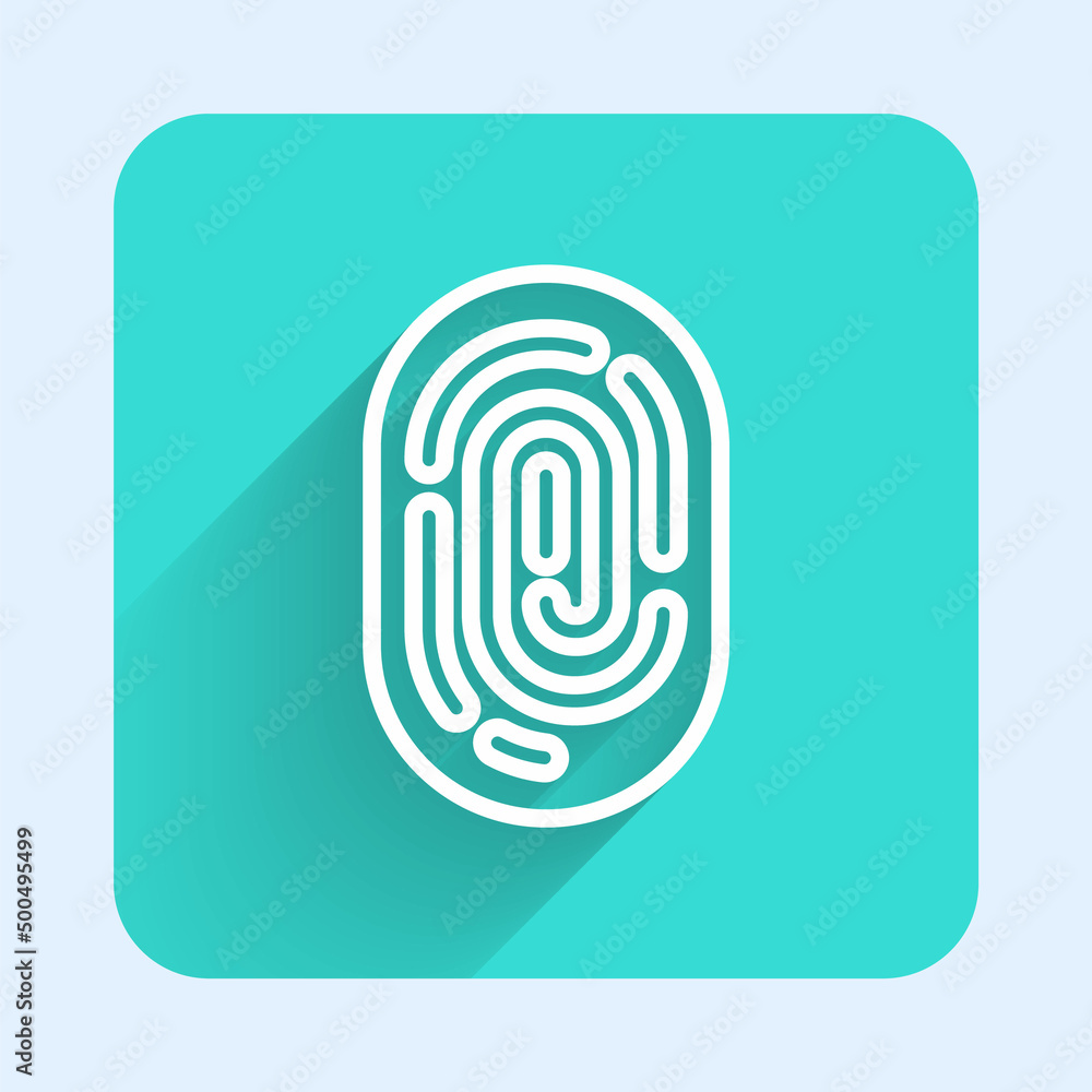White line Fingerprint icon isolated with long shadow. ID app icon. Identification sign. Touch id. Green square button. Vector White line Fingerprint icon isolated with long shadow. ID app icon. Identification sign. Touch id. Green square button. Vector