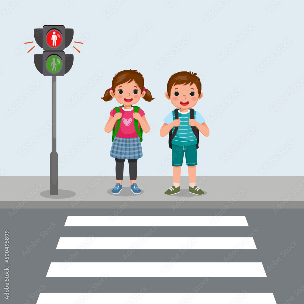 Cute School kids with backpack waiting stop sign on pedestrian traffic