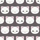 Koty - powtarzalny wzór - białe kotki na szarym tle. Uśmiechnięte, śpiące, smutne, zadowolone kocie głowy. Ilustracja wektorowa.