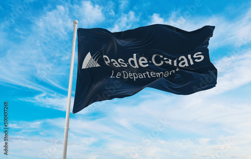 Fotografie, Obraz flag of department of  Pas de Calais, France at cloudy sky background on sunset, panoramic view