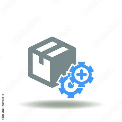 Vector illustration of package box with gears and medical pharmacy plus. Icon of medicine procurement. Symbol of GMP.