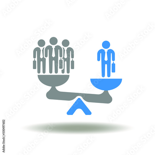 Vector illustration of unbalanced scales or seesaw with businessman group and one businessman. Icon of business inequality. Symbol of career advantage.