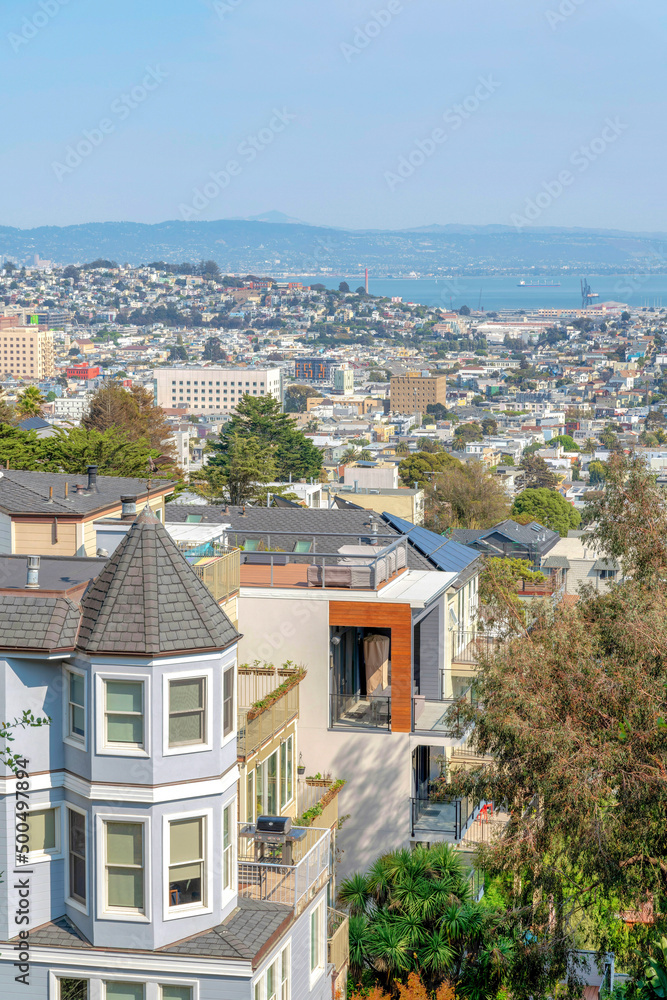 High angle view of modern and traditional houses at the neighborhood of San Francisco, California