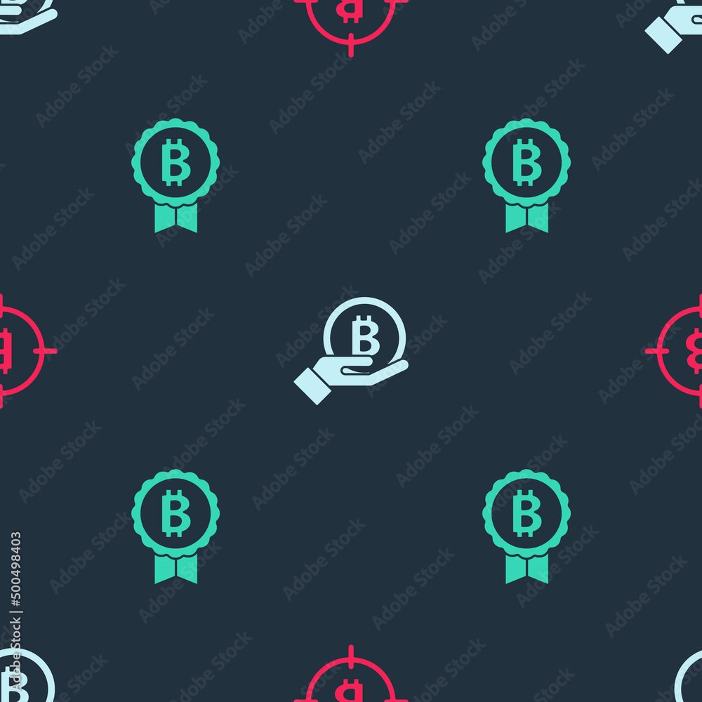 Set Bitcoin in the target, Hand holding and on seamless pattern. Vector Set Bitcoin in the target, Hand holding and on seamless pattern. Vector