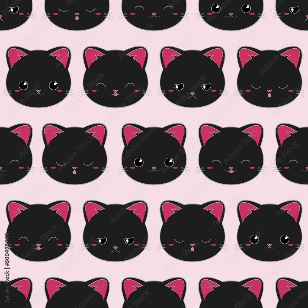Koty - powtarzalny wzór - czarne kotki na różowym tle. Uśmiechnięte, śpiące, smutne, zadowolone kocie głowy. Ilustracja wektorowa. - obrazy, fototapety, plakaty 