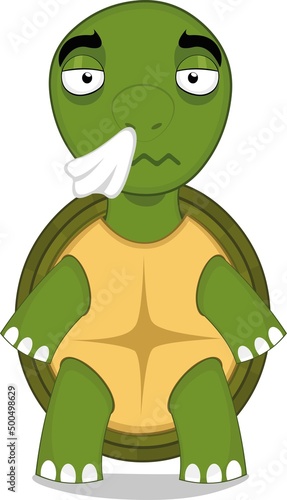 Vector character illustration of a cartoon turtle with a cold with a handkerchief on his nose