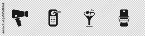 Set Hair dryer, Digital door lock, Martini glass and Toilet bowl icon. Vector