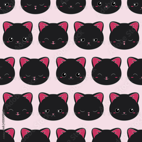 Koty - powtarzalny wzór - czarne kotki na różowym tle. Uśmiechnięte, śpiące, smutne, zadowolone kocie głowy. Ilustracja wektorowa.
