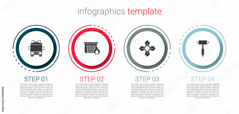 Set Fire truck, in burning garage, Firefighter and axe. Business infographic template. Vector Set Fire truck, in burning garage, Firefighter and axe. Business infographic template. Vector
