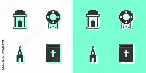Set Holy bible book, Old crypt, Church building and Memorial wreath icon. Vector
