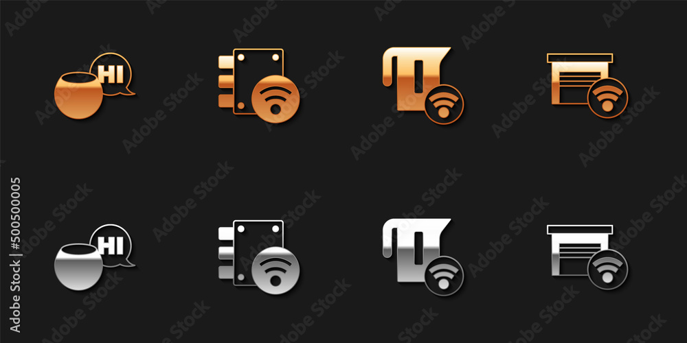 Set Voice assistant, Digital door lock, Smart electric kettle and garage icon. Vector Set Voice assistant, Digital door lock, Smart electric kettle and garage icon. Vector
