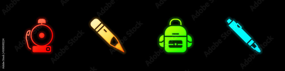 Set Ringing alarm bell, Pencil with eraser, School backpack and Marker pen icon. Vector Set Ringing alarm bell, Pencil with eraser, School backpack and Marker pen icon. Vector