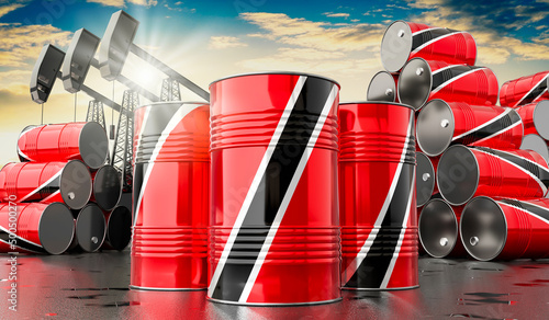 Oil barrels with flag of Trinidad and Tobago and oil extraction wells - 3D illustration photo