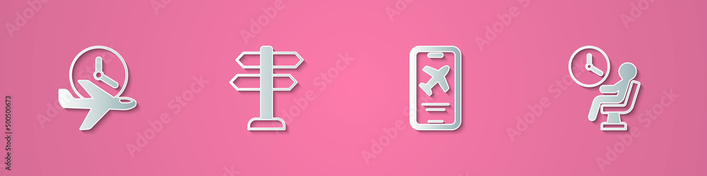 Obraz premium Set paper cut Flight time, Road traffic sign, Mobile with ticket and Human waiting in airport terminal icon. Paper art style. Vector
