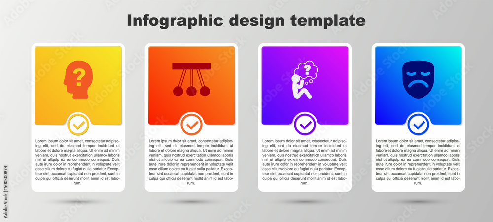 Set Head with question mark, Pendulum, and Drama theatrical mask. Business infographic template. Vector Set Head with question mark, Pendulum, and Drama theatrical mask. Business infographic template. Vector