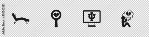 Set Armchair, Broken heart or divorce, Psychologist online and icon. Vector