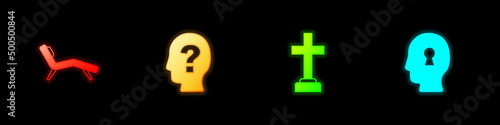 Set Armchair, Head with question mark, Graves funeral sorrow and Solution to the problem icon. Vector