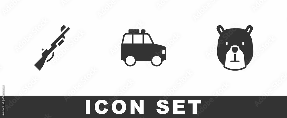 Set Hunting gun, Car and Bear head icon. Vector Set Hunting gun, Car and Bear head icon. Vector