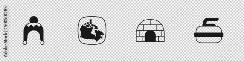 Set Winter hat, Canada map, Igloo ice house and Stone for curling icon. Vector