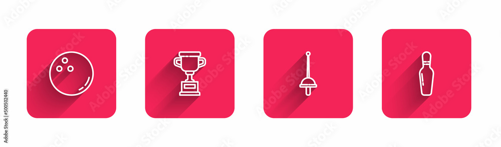 Set line Bowling ball, Award cup, Fencing and pin with long shadow. Red square button. Vector Set line Bowling ball, Award cup, Fencing and pin with long shadow. Red square button. Vector