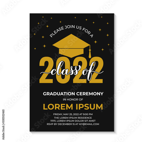 Graduation ceremony invitation card. Black and gold grad party invite. Graduation celebration announcement. Class of 2022 vector template.