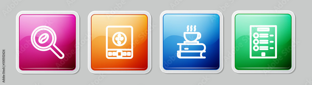 Set line Selection coffee beans, Electronic scales, Coffee cup and book and menu. Colorful square button. Vector Set line Selection coffee beans, Electronic scales, Coffee cup and book and menu. Colorful square button. Vector