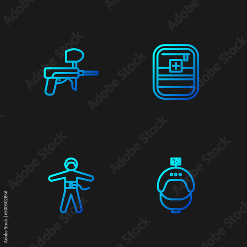 Set line Helmet and action camera, Bungee jumping, Paintball gun and First aid kit. Gradient color icons. Vector