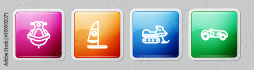 Set line Jet ski, Windsurfing, Snowmobile and Vintage sport racing car. Colorful square button. Vector