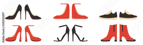 Shoes with high heels, wedges, moccasins, low boots set. Womens fashion shoes. Suitable for designing website pages with clothes, for store brands. Collection of heel and stiletto. Vector illustration