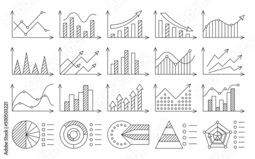 Infographic chart diagram workflow black line set. Thin simple icon business plan stages success defeat. Statistic process presentation investment growth marketing management action timeline isolated