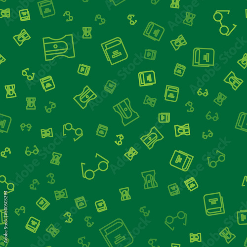 Set line Pencil sharpener, Glasses and Book on seamless pattern. Vector