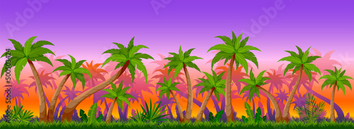Tropical palm tree seamless sunset flat background. Subtropical wallpaper tourism company profile screen saver exotic country travel site. Dense summer foliage forest landscape horizontal evening sky
