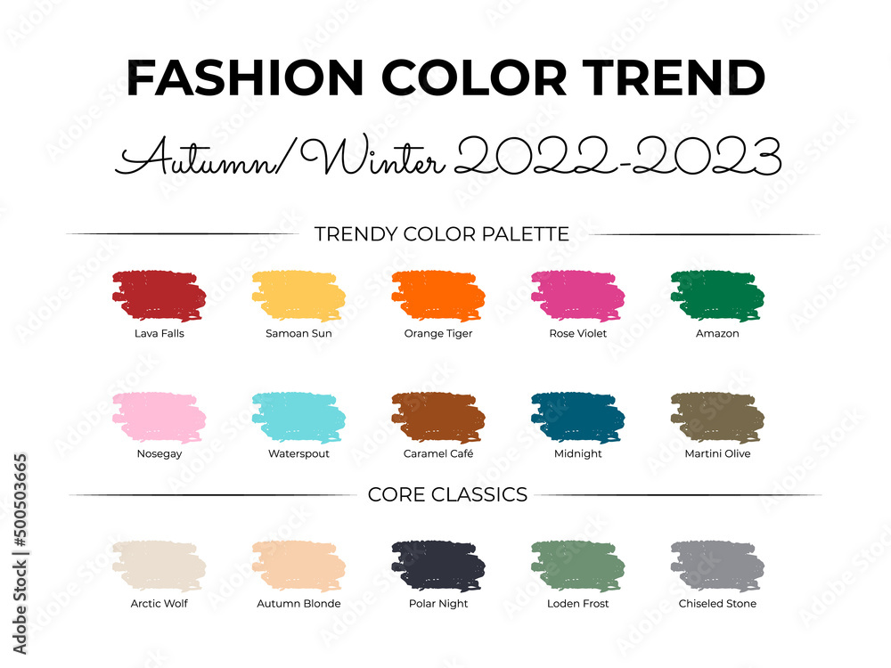 Fashion Color Trend Autumn - Winter 2022 - 2023. Trendy colors palette  guide. Fabric swatches with color names. Easy to edit vector template for  your creative designs Stock Vector