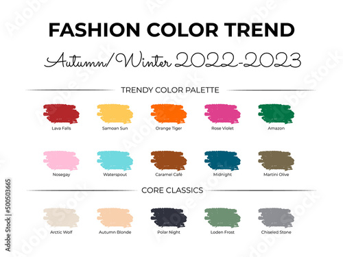 Fashion Color Trend Autumn - Winter 2022 - 2023. Trendy colors palette guide. Fabric swatches with color names. Easy to edit vector template for your creative designs